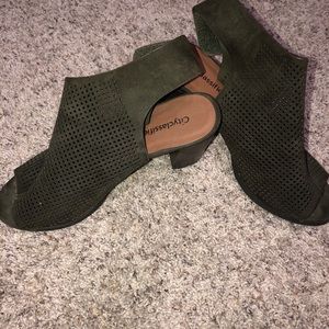 Green suede, block heel, size 9